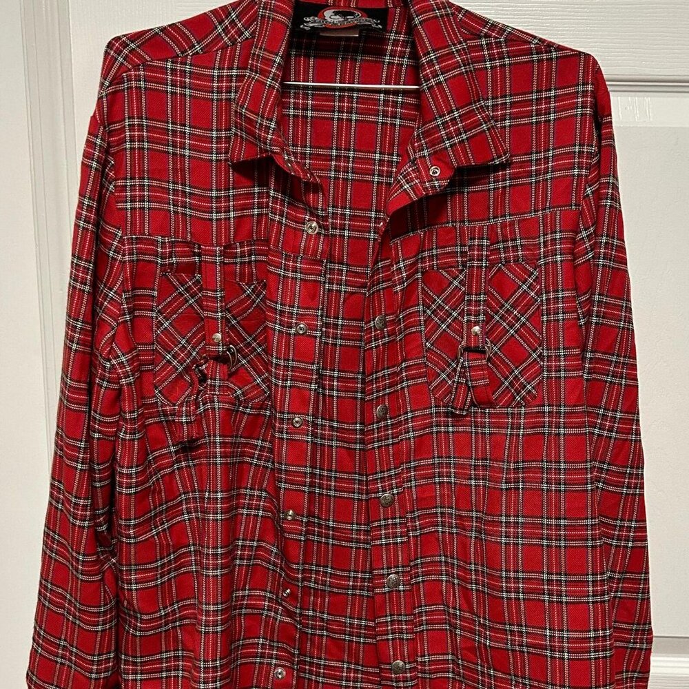 Rare Vintage USA Lip Service Tartan Red Plaid Goth Punk Shirt D Ring Men's XL - Picture 11 of 16